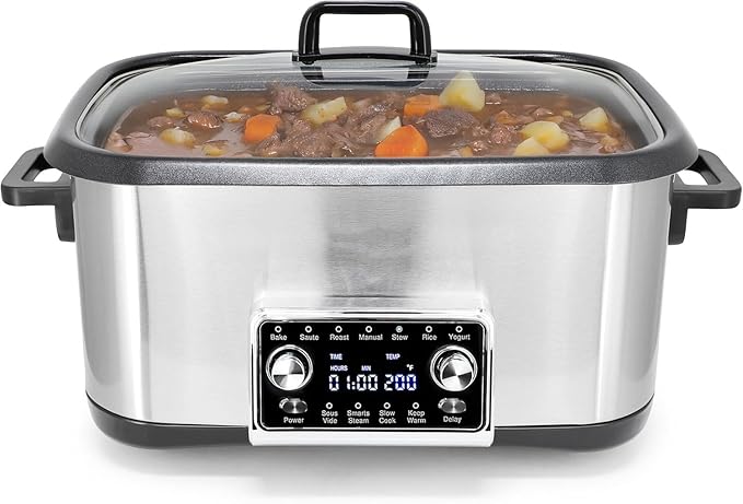 8 Quart 12-in-1 Deluxe Multi Cooker with Sous Vide Function, Programmable Electric Pressure Cooker with Non-Stick Pot, Glass Lid & Adjustable Temperature Settings for Family Meals