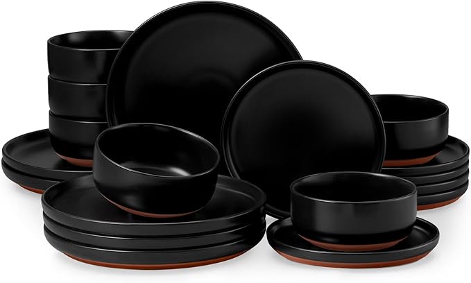 E-far 18-Piece Stoneware Plates and Bowls Sets, Dinnerware Sets for 6, Ceramic Dishware Dishes Set with Terracotta Base, Chip & Scratch Resistant, Microwave & Dishwasher Safe, Matte Black