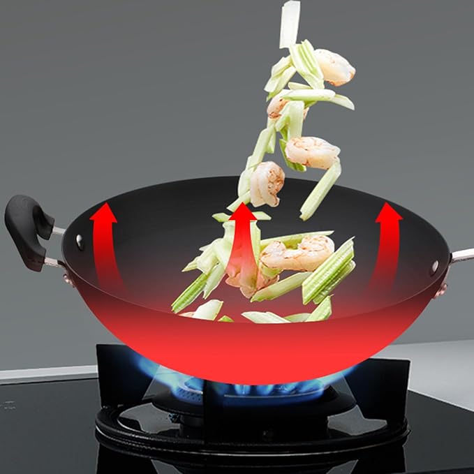 Wok Pan with Lid Nonstick Wok 30cm, Carbon Steel Woks Stir-Fry Pans, No Chemical Coated Flat Bottom Chinese Wok, for Electric, Induction and Gas Stoves
