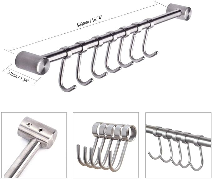 Kitchen Utensil Racks Rail Wall Mounted Utensil Hooks Rack Stainless Steel Hanger Hooks for Kitchen Tools Pot Towel (7 Hooks,2 Packs)