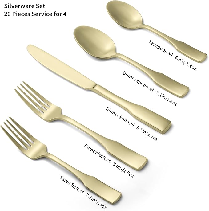 Alata Kate Champagne Gold Satin 20-Piece Silverware Set, Service for 4, Stainless Steel Flatware Set, Matte Polished Cutlery Set, Dishwasher Safe