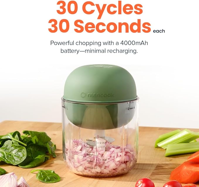 Nutricook Choppi Cordless Electric Vegetable Chopper & Mini Food Processor for Dicing, Shredding, Mincing, and Puree, Portable and Rechargeable, 2-Cup, 500 mL, 4000 mAh Battery, Sage Green