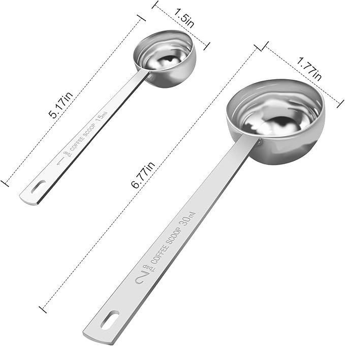 Safring Coffee Scoop Set, Tablespoon Scoop 2 Pc Set (1 Tbsp & 2 Tbsp), Stainless Steel Measuring Spoons for Ground Coffee with Long Handles, for Tea, Sugar, or Flour