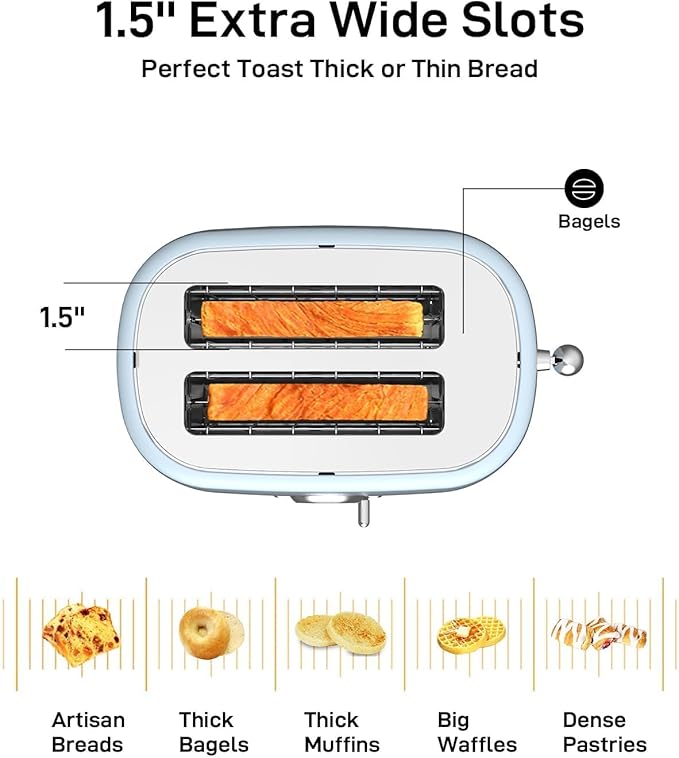 2 Slice Toaster, Wide Slots, Auto Off, Frozen Modes for Toast, Bagels, Waffles & Fruity Breads, Retro Collection, Easy Clean Crumb Tray, Blue