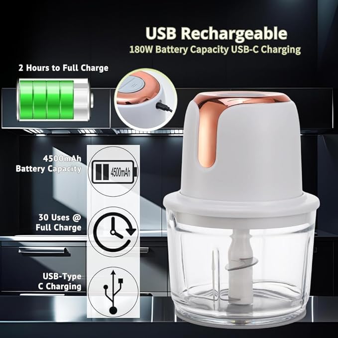5-Cup Cordless Food Processor & Meat Grinder, USB-C Rechargeable - Perfect for Apartment, RV & Travel (Rose Gold)
