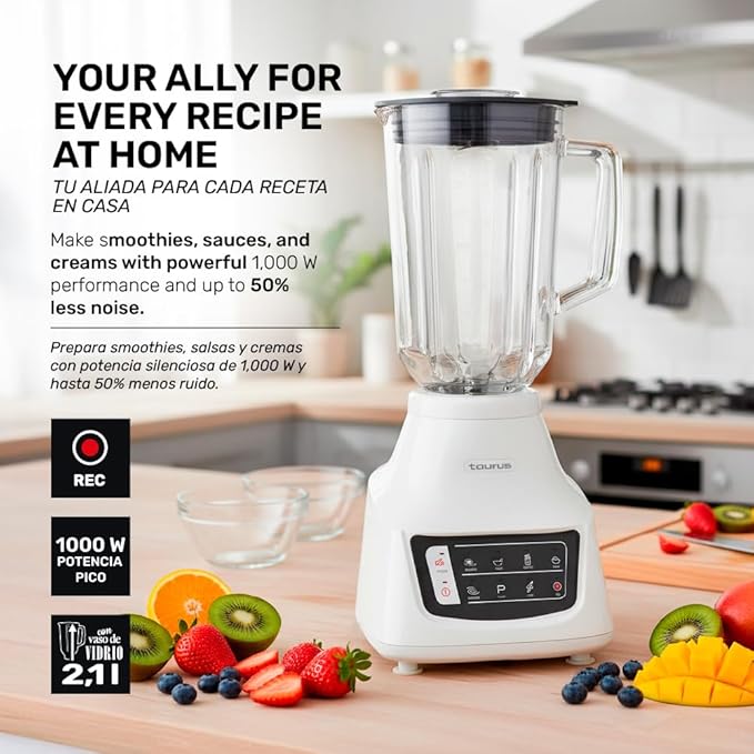 Taurus Potenza Comfort Blender, 1050W, 1.5L Glass Jar, Up to 50% Less Noise, Stainless Steel Blades, 9 Speed Settings, Quiet Powerful Blender for Smoothies, Ice, and Frozen Drinks