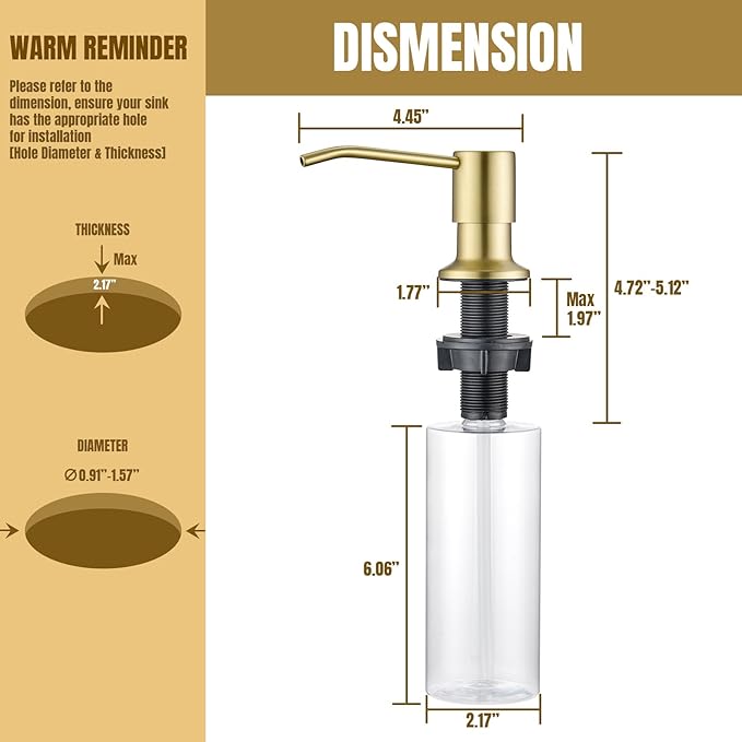 Built in Soap Dispenser for Kitchen Sink Countertop, Brushed Gold Stainless Steel Soap Dispenser Pump Head Refill from the Top with 11 Ounce Transparent Soap Bottle