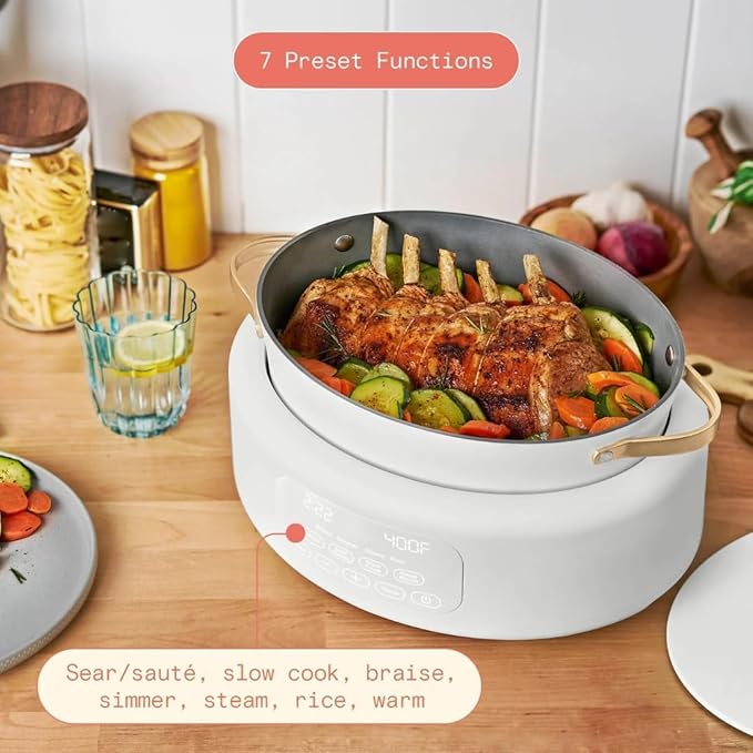 10-in-1 Electric Multi-Cooker by Drew Barrymore, 6-quart, digital display, 10 cooking functions, non-stick pot, easy one-touch control (White Icing)