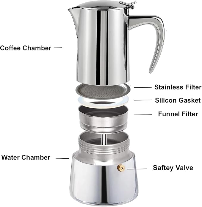 Stainless Steel Stovetop Espresso Maker – Italian Moka Pot, Induction Compatible Espresso Coffee Maker with Safety Valve (6 Cups)