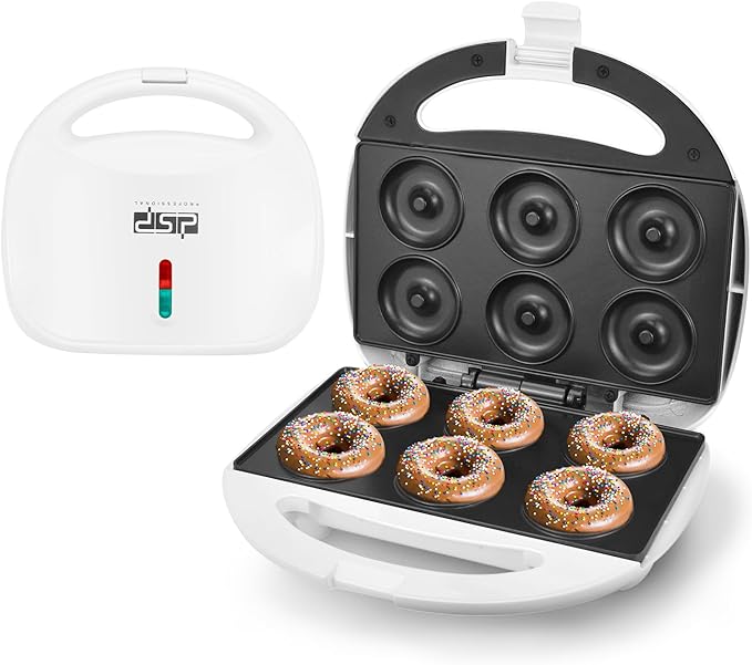 DSP Mini Donut Maker - Non-Stick, Cool Touch Electric Doughnut Machine for Mini Donuts - Perfect for Breakfast, Snacks & Desserts (White, 6 Donuts)