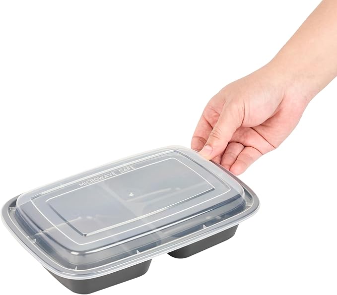 Restaurantware-Asporto 26 Ounce Compartment Take Out Boxes, 50 Microwavable Meal Prep Containers - 3 Compartments, With Clear Plastic Lids, Black Plastic Food Containers, Do Not Contain BPA
