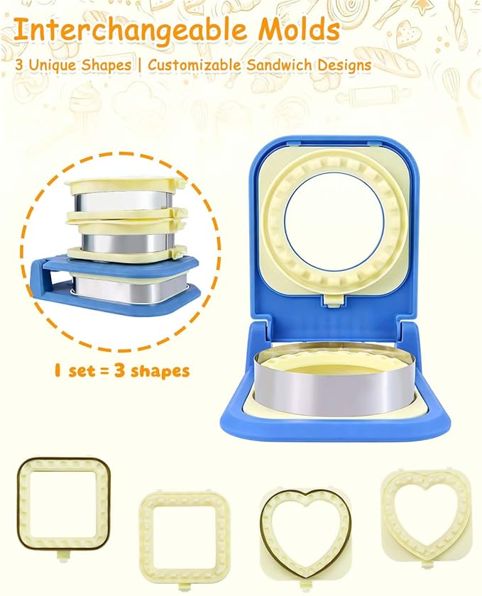 3-in-1 Uncrustable Sandwich Maker - Heart/Circle/Square Crustless Sandwich Cutter & Sealer for Kids' Lunch, Breakfast & Lunchboxes | BPA-Free Uncrustable Press,Easy Clean(3-Shape Blue)