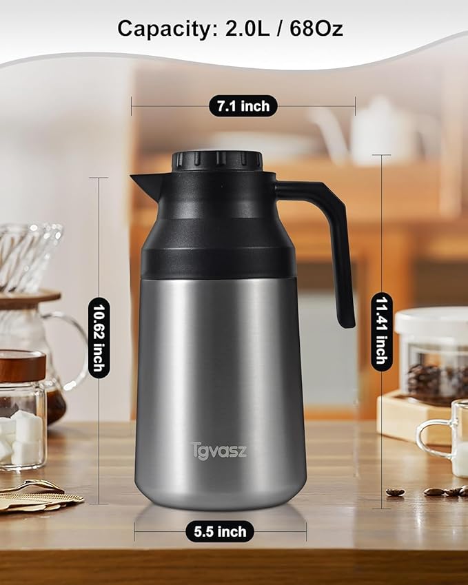 Thermal Coffee Carafe Insulated Stainless Steel Coffee Carafe for Hot Liquid Vacuum Thermal Pot Creamer Pitcher Dispenser Keeping Hot Water Milk (silver68 oz)