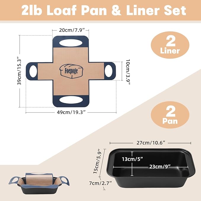 Loaf Pan with Liners Set: 2-Pack Nonstick 9 x 5 Inch Bread Pan and Loaf Liners for Homemade Oven Baking - Rectangular Baking Tray for Kitchen Home Baker Make Sourdough Banana Sandwich Bread