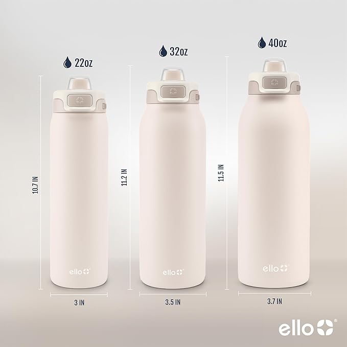 Ello Pop & Fill 22oz Stainless Steel Water Bottle with Quick Fill Technology, Double Walled and Vacuum Insulated Metal, Leak Proof Locking Lid, Sip and Chug, Reusable, BPA Free, Tonal Cream