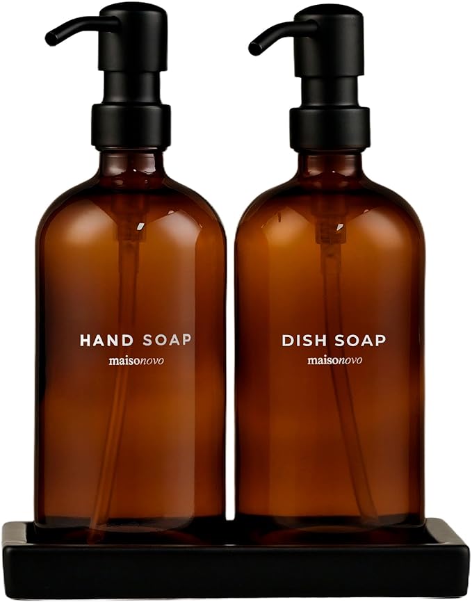 Maisonovo Kitchen Soap Dispenser Set - Hand and Dish Soap Dispenser Set with Amber Glass Soap Dispenser, Black Pumps & Ceramic Tray