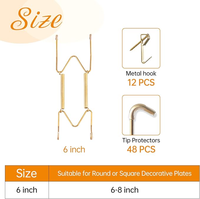 Bilillo 12 Pieces Invisible Heavy Duty Plate Holders, Stainless Steel Plate Hangers for The Wall, Plate Hangers for Display with Wall Hooks, Suitable for 6-8 inch Decorative Plates and Arts (Gold)
