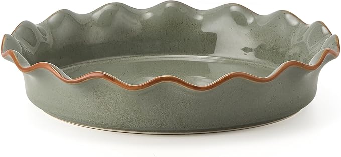 SIDUCAL Ceramic Pie Pan for Baking[10.5 inch],Reusable NonStick Ceramic Pie Plate with Ruffled Edge,Deep and Fluted Pie Dish for Apple Pie,Quiche,Pot Pies, Tart, etc（Green）