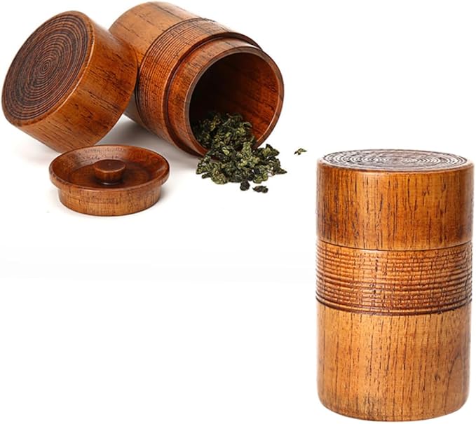 BESTOYARD Wooden Tea Canister with Sealed Lid Classical Chinese Style Round Wood Container for Tea Storage and Dry Food Organizer 4.72X2.95X2.95 Inches Ideal for Home Restaurant and House