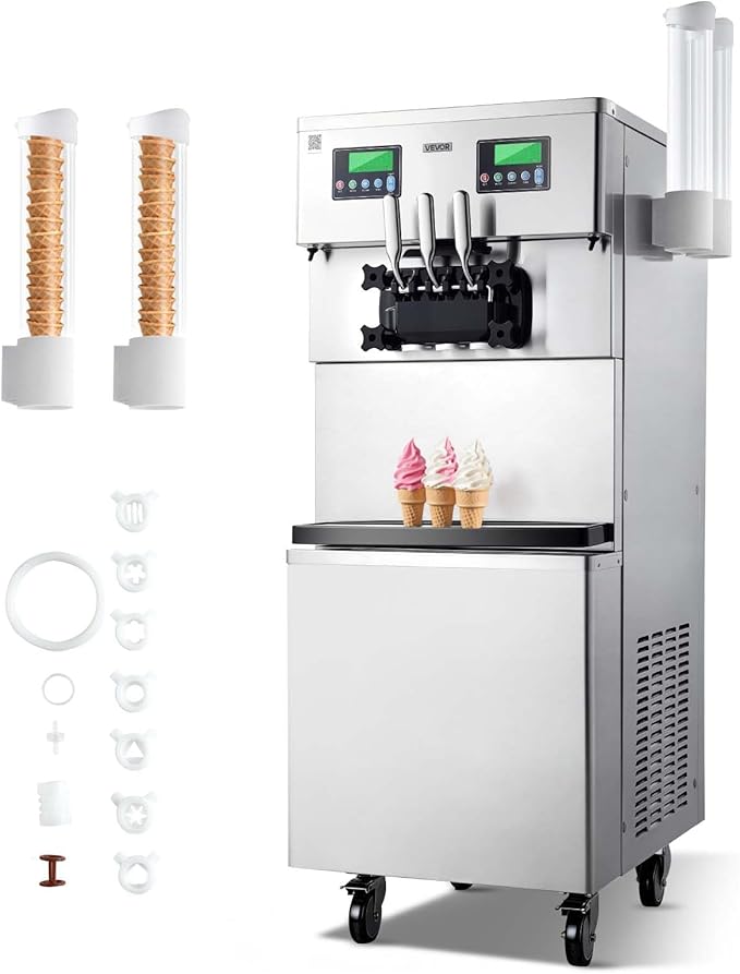 VEVOR Commercial Ice Cream Machine, 34-44L/H Yield, Dual-Compressor Freestanding Soft Serve Ice Cream Maker with 2 * 10L Hoppers & 3 Flavors, Pre-Cooling Puffing Low-Mix Alert for Snack Dessert Shops