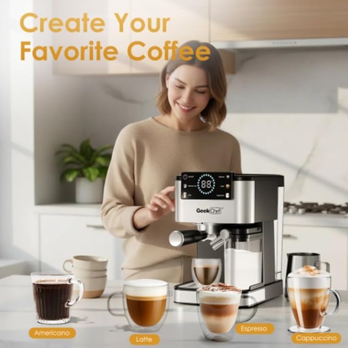 Espresso Machine for Home Barista - 20 Bar Coffee Maker with Automatic Milk Frother, TouchScreen, ESE POD & Instant Heating, Brews Cappuccino/Latte/Iced Coffee