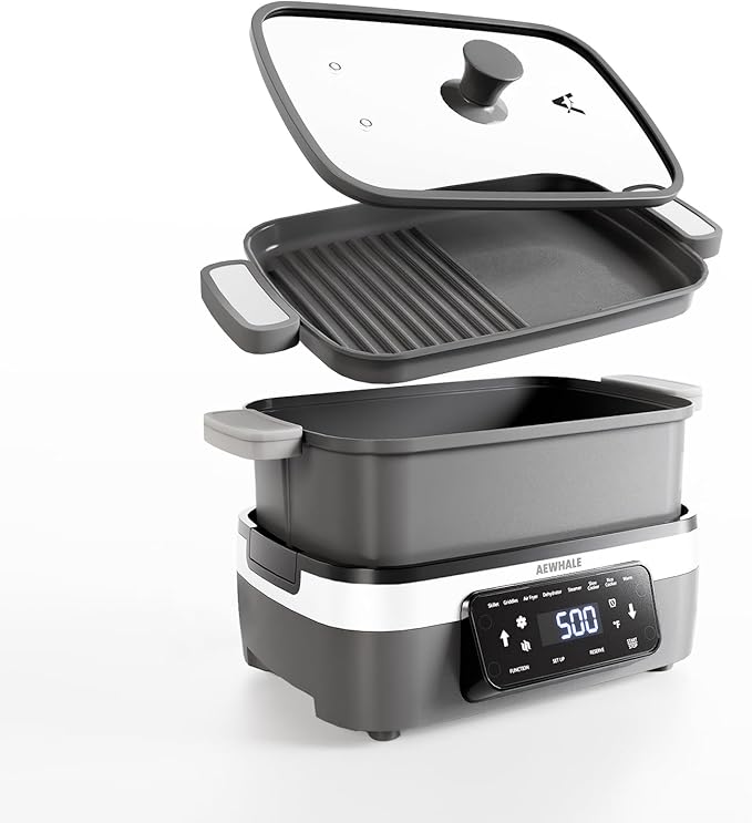 AEWHALE Multifunctional Electric Skillet with Grill|8 Cooking Functions|Removable Non-Stick Plate+Pot+Lid,1500 W Digital Family Size Griddle