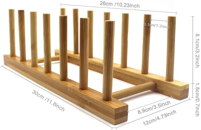 INNERNEED Bamboo Wooden Dish Rack, Vertical Plate & Lid Organizer for Kitchen Cabinet or Countertop, Drying Stand for Dishes, Cutting Boards