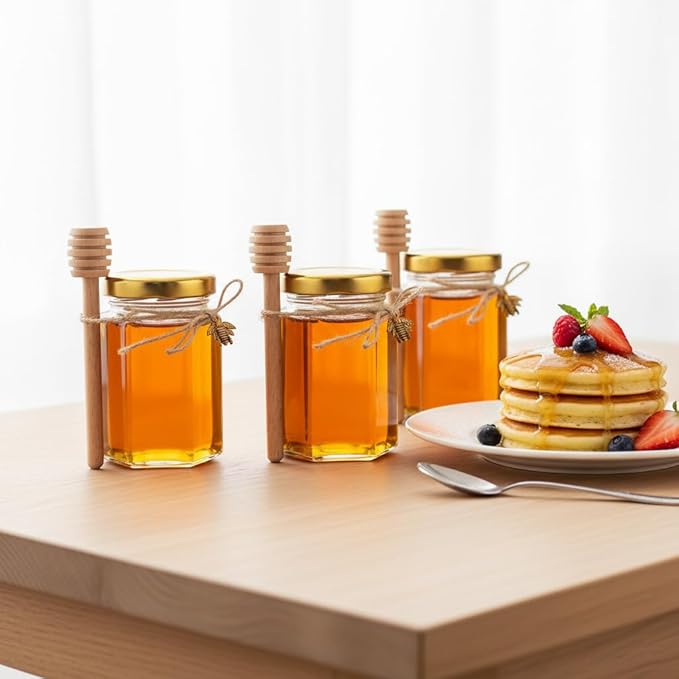 Adabocute 4oz Hexagonal Honey Jars - Glass Honey Jars with Gold Lids, Wooden Dippers, Bee Charms and Jutes - Hexagon Jars for Baby Shower, Wedding and Party Favors, 12 Pack