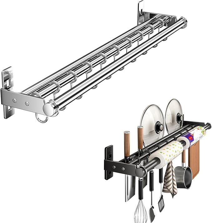 Hanging Wall Mount knife Wall Mount, Kitchen Organizer Storage Shelf for Utensils Spatula Spoon, Space-Saving Knife Rack with Hooks,Wall-Mounted Utensil Holder (Black, 60CM+Three Poles+10Hooks)