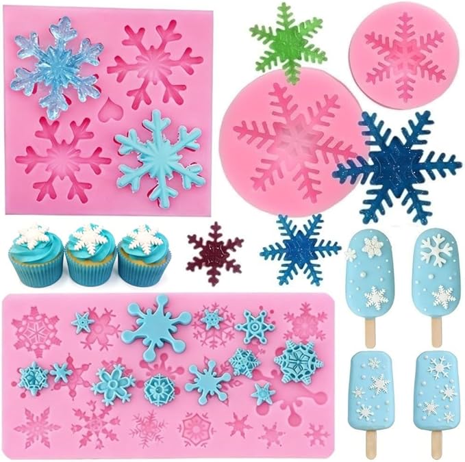 4 Pieces 3D Snowflake Silicone Mold Winter Snowflake Fondant Silicone Mold for Cake Cupcake Decoration Polymer Clay Crafting Projects