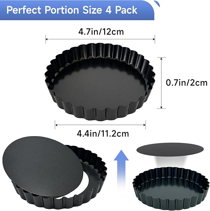 4 Pack 5-Inch Tart Pans with Removable Bottom, Nonstick Quiche Pan Fluted Pie Pans for Baking Treats, Pie, Quiches, Tartlets