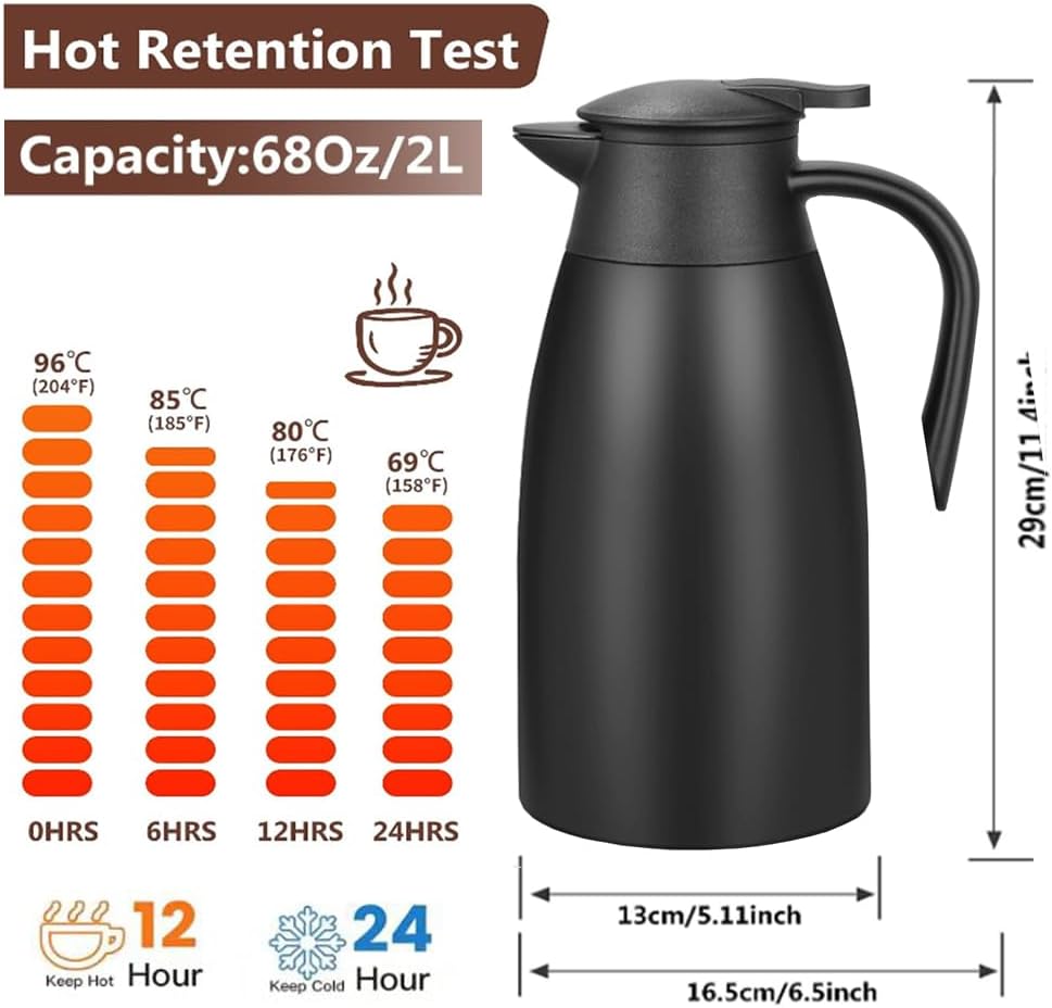 70 Oz Insulated Thermal Coffee Carafe Stainless Steel Double Walled Vacuum Coffee Thermos, Hot Water, Tea, Hot Beverage Dispenser, Keep 24 Hour Heat Retention/12 Hour Cold Retention (Black, 2L)