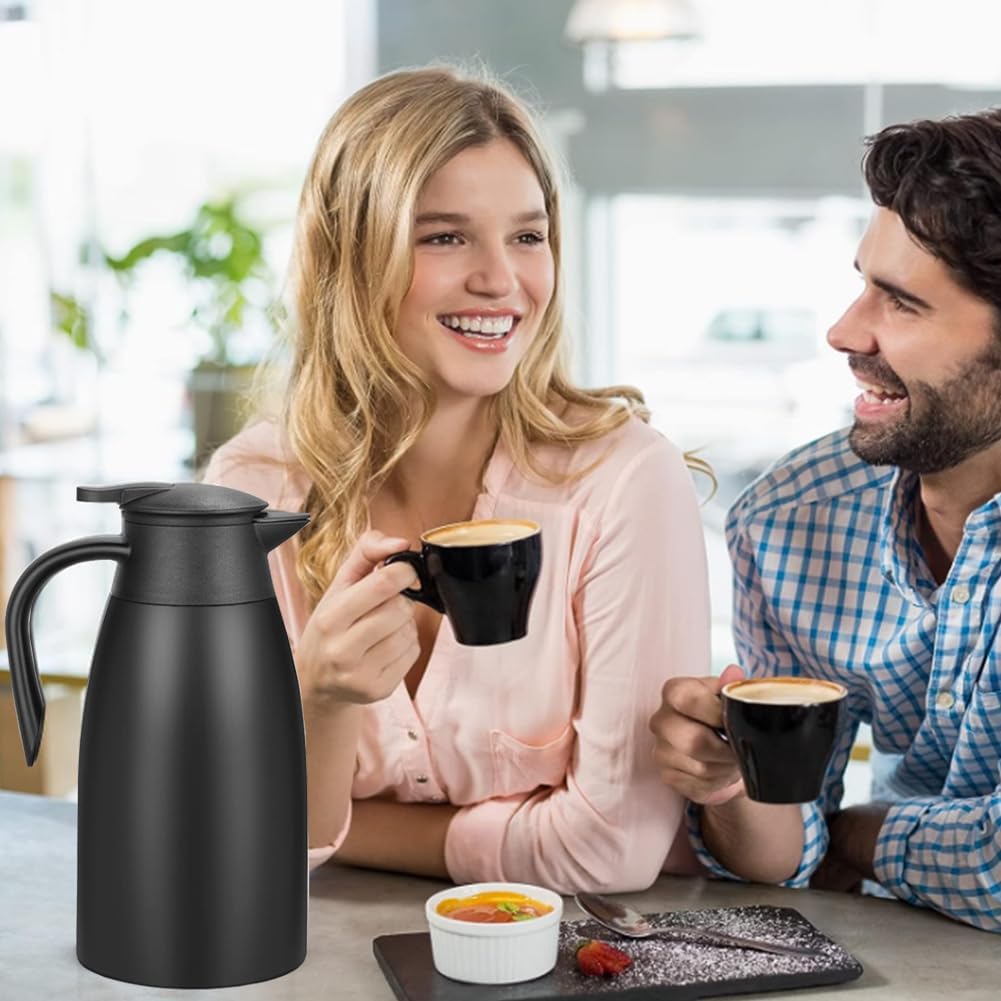 70 Oz Insulated Thermal Coffee Carafe Stainless Steel Double Walled Vacuum Coffee Thermos, Hot Water, Tea, Hot Beverage Dispenser, Keep 24 Hour Heat Retention/12 Hour Cold Retention (Black, 2L)