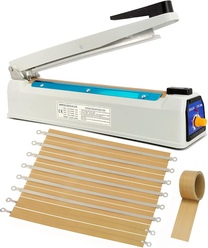 Impulse Sealer 12 inch Mylar Bag Heat Sealer, Heat Sealer for Plastic Bags, Metal Iron Shell, Impulse Sealer 3mm Sealing, Manual Hot Seal Machine with 8 Repair Kits(Included 2 Cutter Lines)