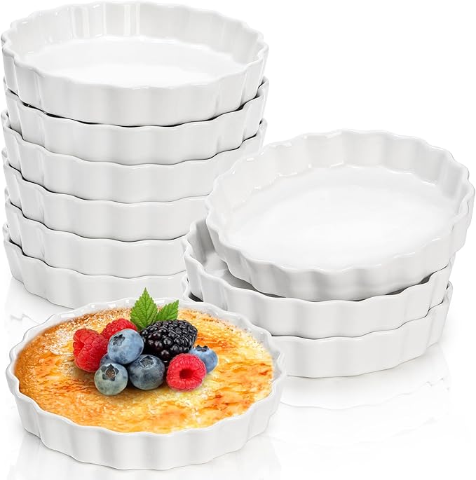 Foraineam 10 Pack 8 oz Creme Brulee Ramekins, 6 Inch Round Fluted Quiche Dishes, Porcelain Pie Pan Shallow Baking Dish Oven Safe for Baking Souffle, Apple Pie, Quiche, Tart