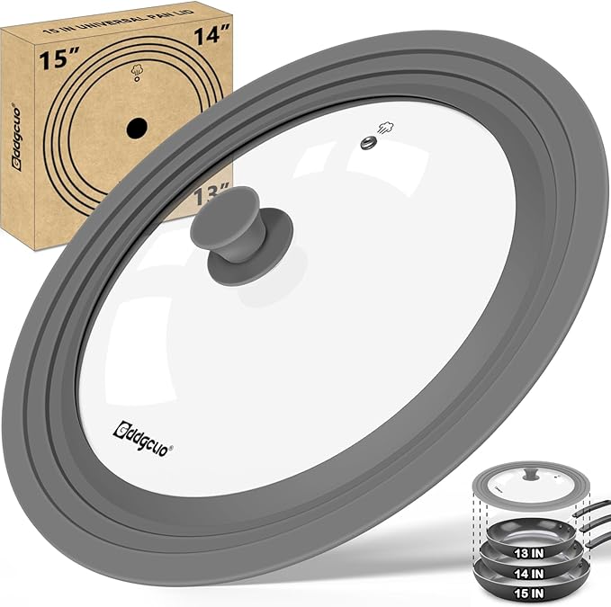 13-14-15 in Universal Pan Lid, Extra Large Silicone Pot Lid for Pots, Pans & Skillets, Replacement Frying Pan Lid with Heat Resistant Silicone Knob, Dishwasher Safe, Grey