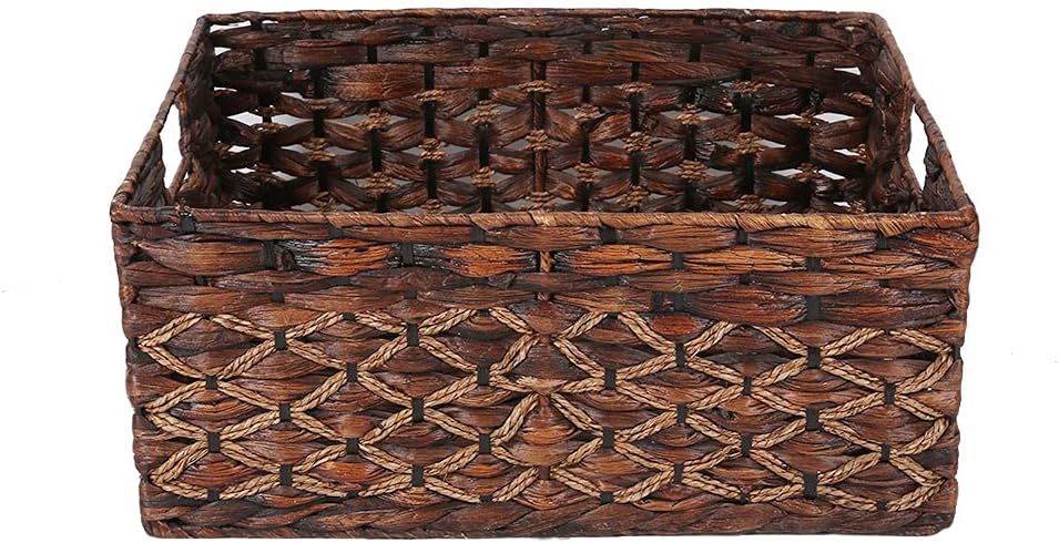 Rectangular Wicker Storage Basket, Dark Water Hyacinth Basket With Inside Handles Shelves Kitchen Office Desk (Large)