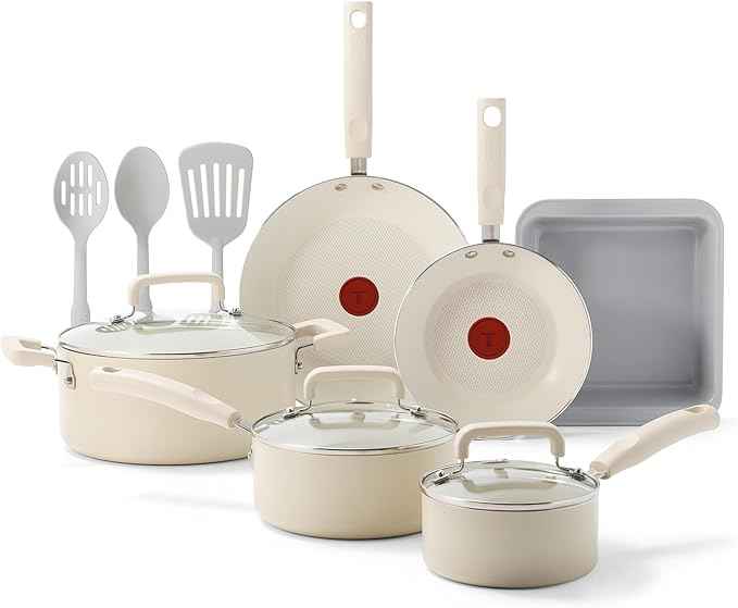 T-Fal Signature Nonstick 12 Piece Cookware Set, Oven Safe Up to 350°F, Dishwasher Safe, Pots and Pans Set, Includes Frying Pans, Saucepan, Stockpot, Cooking Utensils, Beige