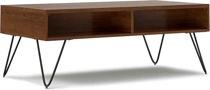 SIMPLIHOME Hunter Lift Top Coffee Table - 48 inch Wide Walnut Veneer and Metal Industrial Cocktail Table, Functional Living Room Table with 2 Storage Cubbies and Hairpin Legs