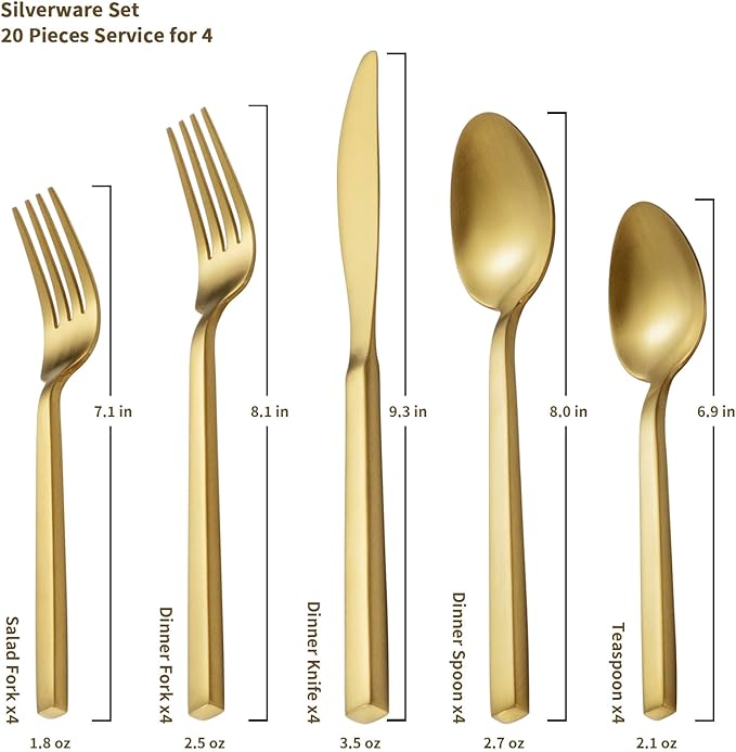Alata Cube Gold 20-Piece Flatware Set, Forged Cutlery Set, Matte Gold Silverware Service for 4, Stainless Steel Tableware with Square Handle for Home/Restaurant, Dishwasher Safe