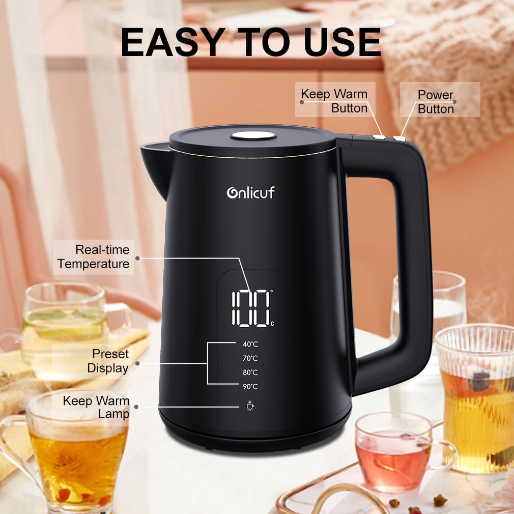 Electric Water Kettle,1.7L Double Wall Electric Tea Kettle with Temperature Control, Stainless Steel Water Boiler Heater, Digital Screen Teapot, Cordless, BPA-Free, Black