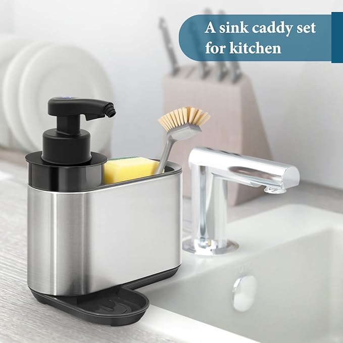 LAOPAO Automatic Soap Dispenser with Sink Caddy for Dishwashing, Auto Hand Soap Dispenser with Kitchen Sink Organizer Stainless Steel Touchless Soap Pump for Kitchen Xmas Gift