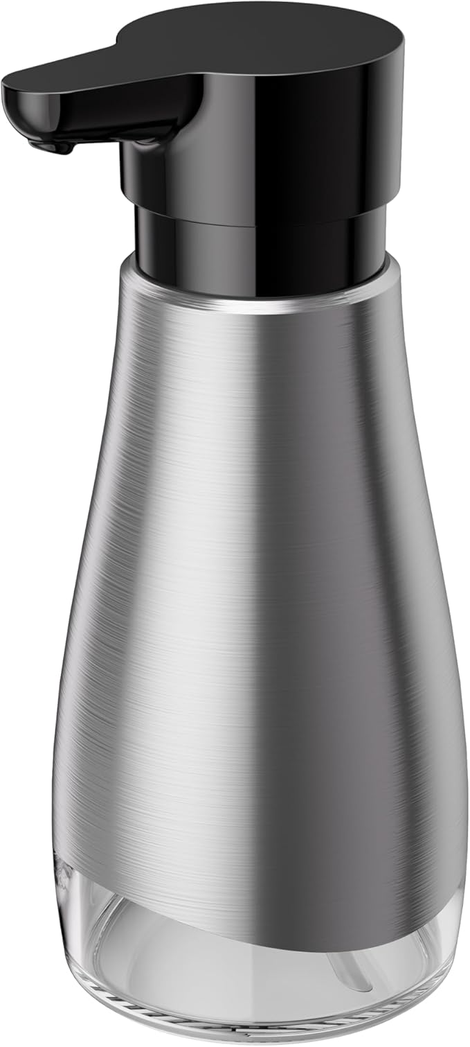 Oasis Creations 500 mL /17fl.oz Stainless Steel Liquid Soap Dispenser for Dish and Hand Soap - Two Toned Silver and Black - Refillable - Great for Kitchen Bathroom or Countertop