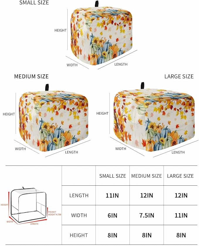 Thanksgiving Fall Toaster Cover 4 Slice, Blue Green Orange Pumpkins Dustproof Bakeware Oven Protector with Top Hook, Maple Leaf Waterproof Small Kitchen Appliance Toasters Dust Cover, 12"x11"x8"