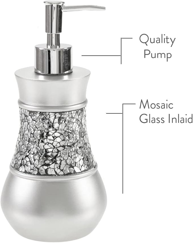 Creative Scents Crackled Glass Silver Bathroom Accessory Set – 4-Piece Vanity Set Includes: Lotion Soap Dispenser, Toothbrush Holder, Tumbler, and Soap Dish