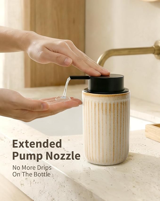 BosilunLife Dish Hand Soap Dispenser - Liquid Pump Soap Dispenser for Bathroom Deco 12oz Ceramic Kitchen Dish Dispenser with Rust-Proof Liquid Pump Modern Refillable Lotion Bottles, Greige