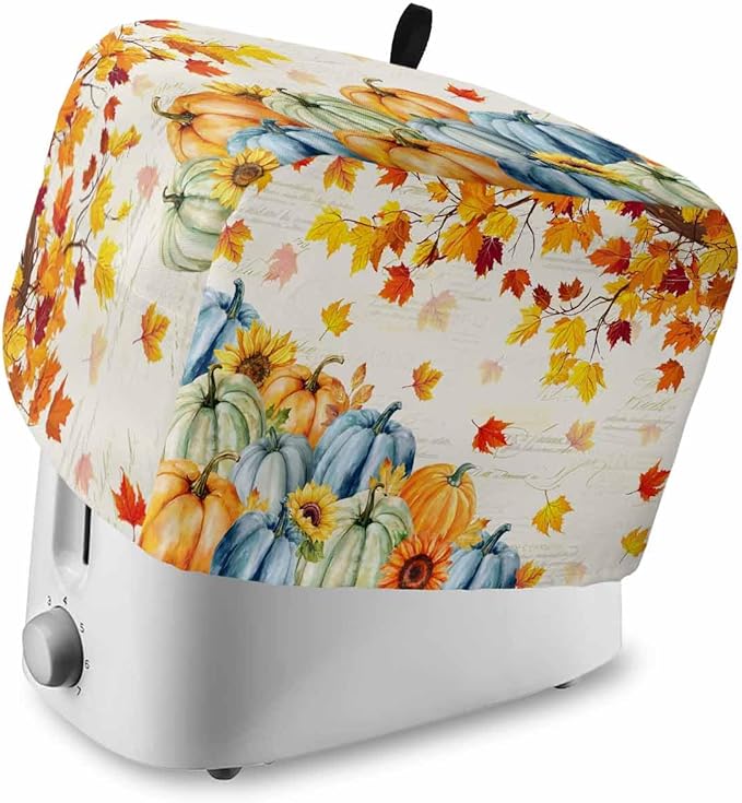 Thanksgiving Fall Toaster Cover 2 Slice, Blue Green Orange Pumpkins Dustproof Bakeware Oven Protector with Top Hook, Maple Leaf Waterproof Small Kitchen Appliance Toasters Dust Cover, 12"x7.5"x8"