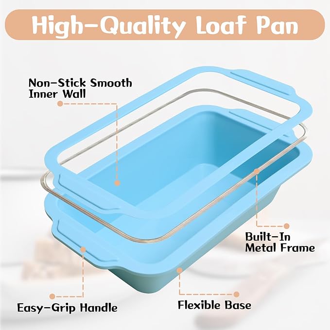Nonstick Silicone Bread Loaf Pan: 9.5 x 5 Inch Bread Pan for Homemade Rye with Metal Frame - Loaf Mold for Baking Oven - Housewife Baker Home Baking Enthusiasts (Beige & Mint Green)