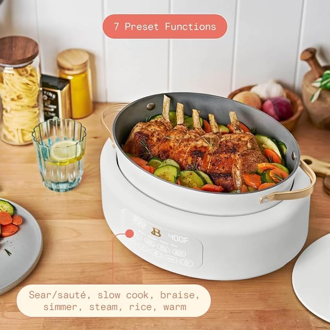 10-in-1 Electric Multi-Cooker, 6-quart, digital display, 10 cooking functions, non-stick pot, easy one-touch control (White Icing)