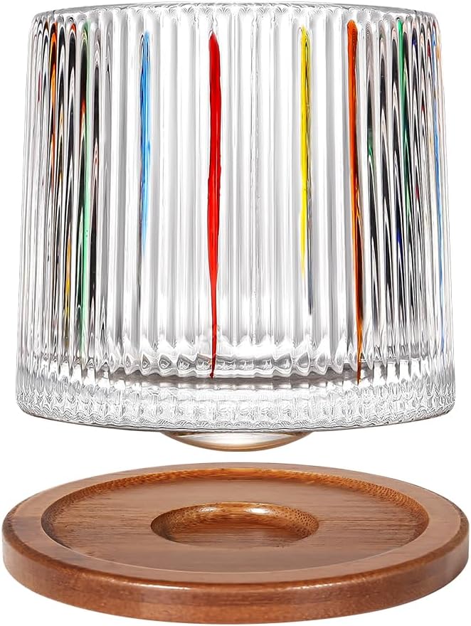 Rotatable Old Fashioned Glass Cup, 275ml/10oz Crystal Whiskey Glass, Wood Coaster, Thickening, Used as Rum Glass, Cocktail Cup, Coffee, Milk to Relax and Reduce Stress, Ideal Gift